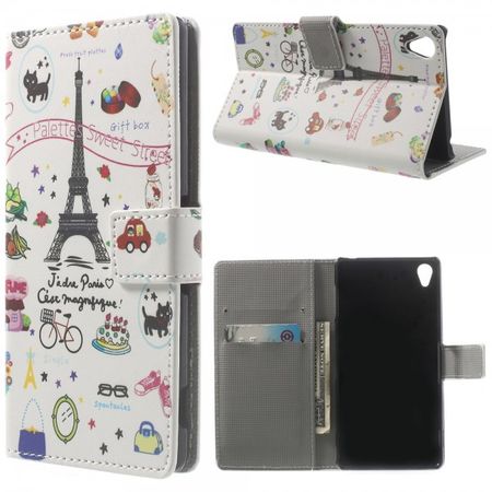 Sony Xperia Z3 Leder Case mit Eiffelturm und Cartoons