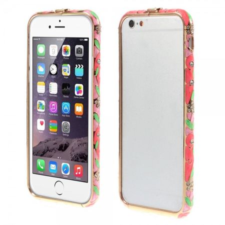 iPhone 6/6S Metall Bumper mit Glitzersteinen und Blumenmuster - rosa