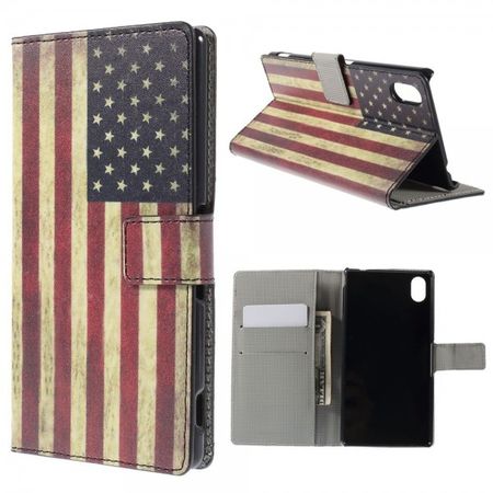 Sony Xperia M4 Aqua Leder Case mit USA Flagge retro-style