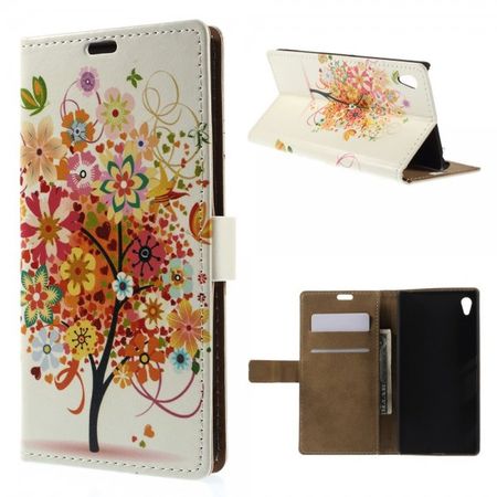 Sony Xperia Z4 Leder Case mit Baum mit farbigem Blumen