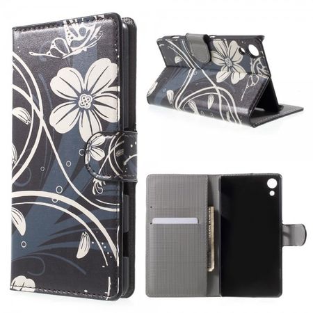 Sony Xperia Z4 Leder Case mit weissen Blumen und Schmetterlingen