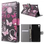 Sony Xperia Z4 Leder Case mit Schmetterlingen und Blumen - schwarz