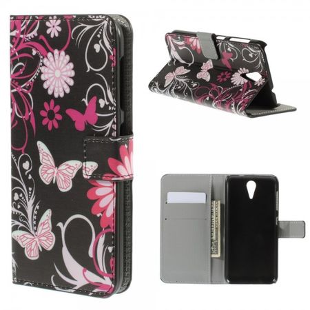 HTC Desire 620/820 Mini Leder Case mit Schmetterlingen und Blumen - schwarz