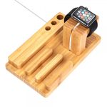 Apple Watch (alle Modelle) Praktische Holz Halterung - Platz für Stifte und Smartphones - braun