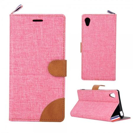 Sony Xperia M4 Aqua Leder Case im Jeans Look mit Kreditkartenslots - pink