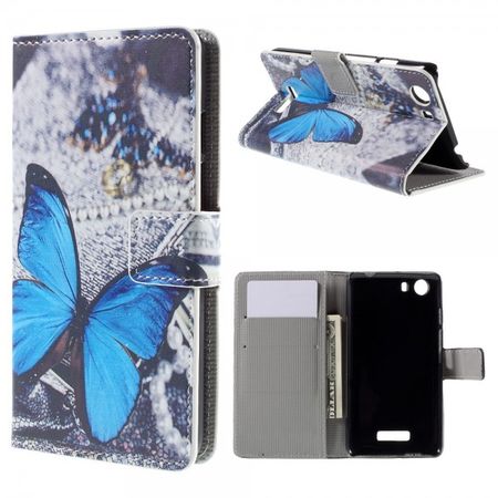 Wiko Bloom2 Leder Case Hülle mit wunderschönem, blauem Schmetterling