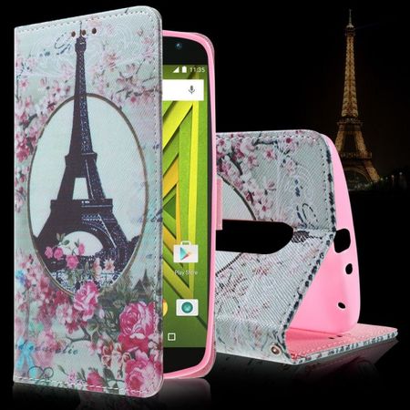 Motorola Moto X Play Leder Cover mit Eiffelturm und Rosen