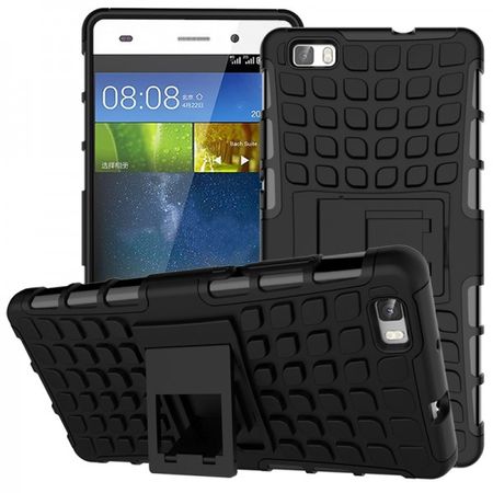 Huawei Ascend P8 Lite Robuste, teils elastische Plastik Case Hülle mit Kickstand - schwarz