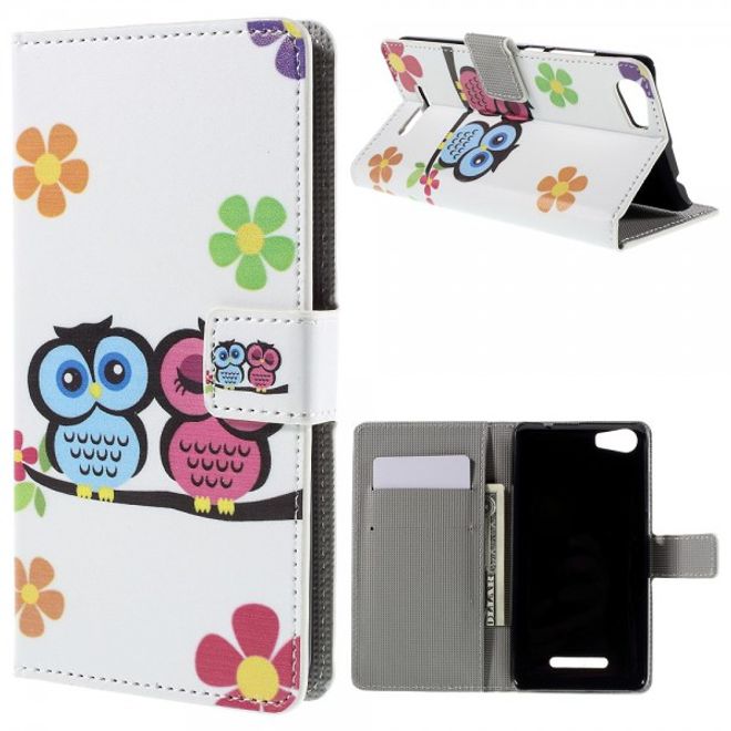 Wiko Lenny2 Leder Case Hülle mit verliebtem Eulenpärchen