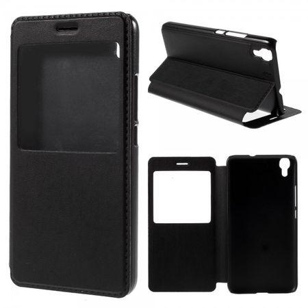 Huawei Y6/Honor 4A Elegante Leder Case Handyhülle mit Standfunktion und kleinem Fenster - schwarz