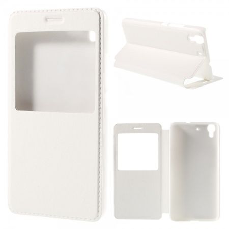 Huawei Y6/Honor 4A Elegante Leder Case Handyhülle mit Standfunktion und kleinem Fenster - weiss