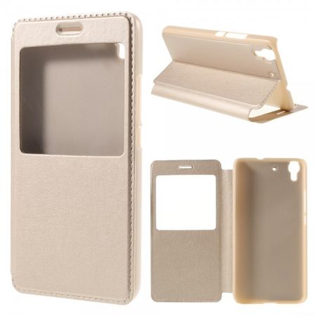 Huawei Y6/Honor 4A Elegante Leder Case Handyhülle mit Standfunktion und kleinem Fenster - champagnerfarben