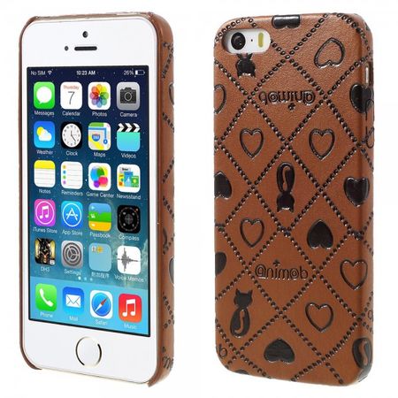iPhone SE/5S/5 Hart Plastik Case Hülle mit lederartiger Oberfläche und Katzen und Herz Muster - braun