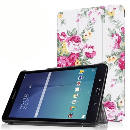 Samsung Galaxy Tab E 8.0 Dreifach faltbare Leder Cover Flip Hülle mit blühenden Blumen