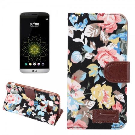 LG G5 Leder Case Hülle mit stoffartiger Oberfläche und schickem Blumenmuster - schwarz