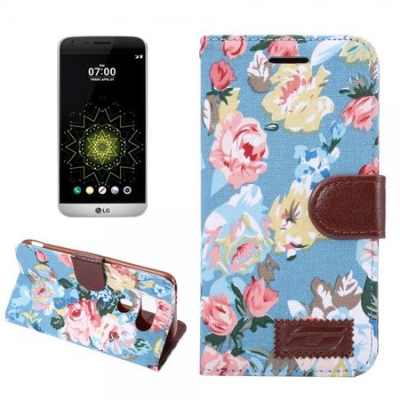 LG G5 Leder Case Hülle mit stoffartiger Oberfläche und schickem Blumenmuster - blau