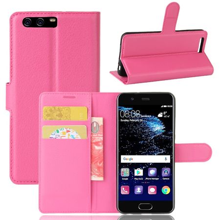 Handyhülle für Huawei P10 - Case aus Leder - mit Litchitextur und Visitenkartenfach - rosa