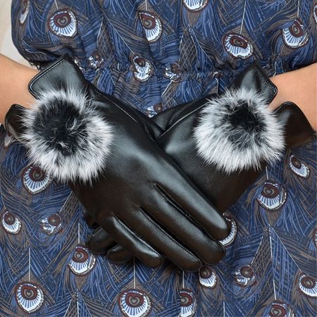 Design Touchscreen Handschuhe für Frauen - Leder mit künstlichem Kaninchenfell - schwarz