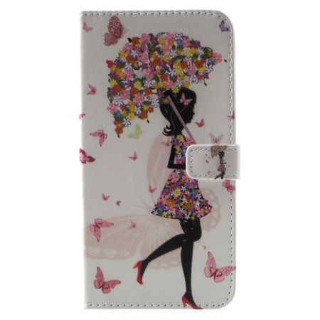 Samsung Galaxy A8+ (2018) Handy Hülle - Bookcover aus Leder - Blumenmädchen mit Schirm