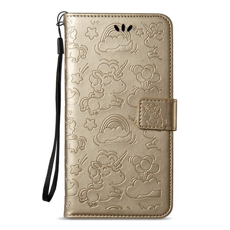 Samsung Galaxy A8+ (2018) Handyhülle - Magnetisches Leder Case - mit Einhorn Muster - gold