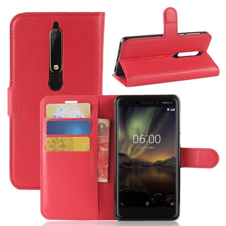 Nokia 6 / 6.1 (2018) Handy Cover - Hülle aus Leder - mit Litchitextur und Standfunktion - rot