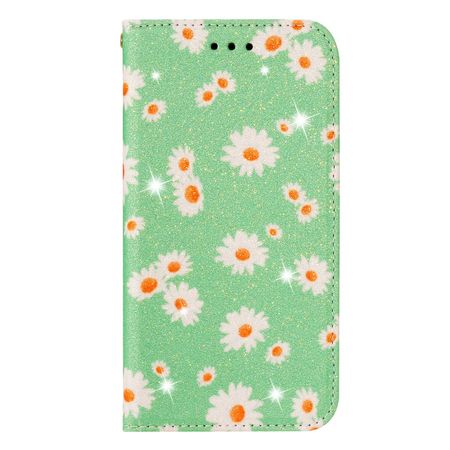 iPhone 11 Hülle - Glitzerndes Leder Bookcover mit Blumen - grün