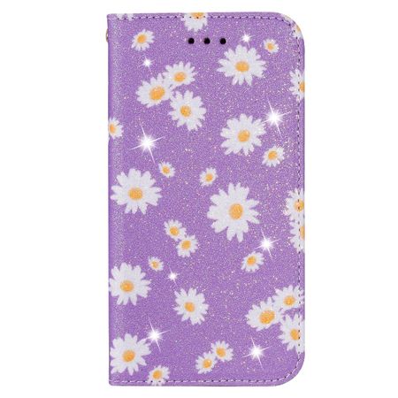 iPhone 11 Pro Hülle - Glitzerndes Leder Bookcover mit Blumen - purpur
