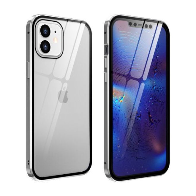 iPhone 12 / iPhone 12 Pro - 360 Grad PanzerGlas Alu Case mit Magnet-Technologie - silber