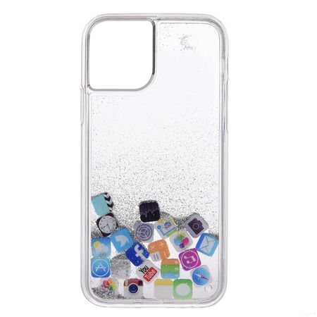 iPhone 12 / iPhone 12 Pro Hülle - Plastik Hardcase mit Glitter und App Icons - silber