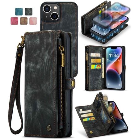 Caseme - iPhone 13 Handyhülle - Leder Portemonnaie mit abnehmbarer Plastik Hülle - schwarz