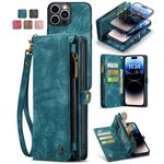 Caseme - iPhone 13 Pro Handyhülle - Leder Portemonnaie mit abnehmbarer Plastik Hülle - blau
