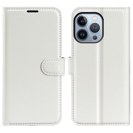 iPhone 14 Pro Max Handy Hülle - Litchi Leder Bookcover Series - weiss