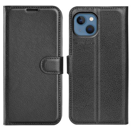 iPhone 14 Plus Handy Hülle - Litchi Leder Bookcover Series - schwarz