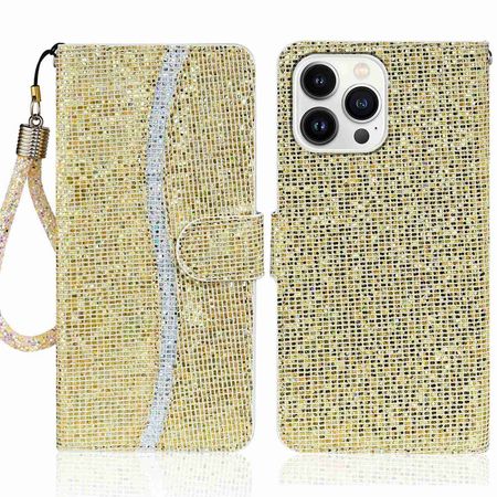 iPhone 14 Pro Max Handy Hülle - Glitzer Leder Bookcover - PU Leather Bling Series - gold