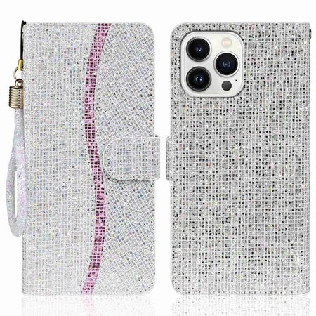 iPhone 14 Pro Max Handy Hülle - Glitzer Leder Bookcover - PU Leather Bling Series - silber