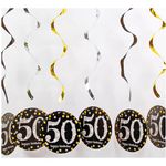 50. Geburtstag Spiralgirlanden (6er-Set) - Partydekoration - Celebration Series - schwarz/gold/silber