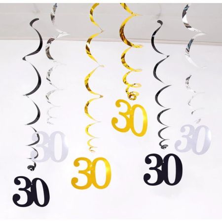 30. Geburtstag Spiralgirlanden (6er-Set) - Partydekoration - Age Series - schwarz/gold/silber