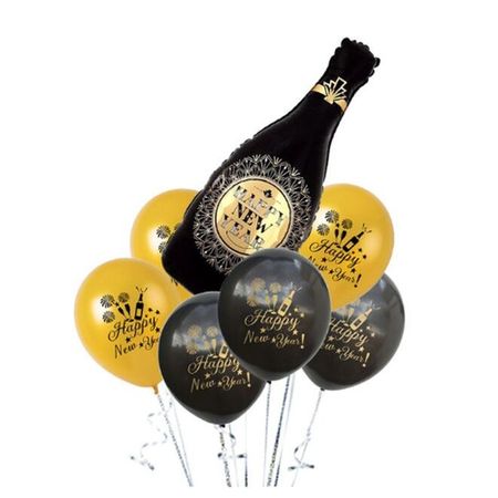 7-teiliges Luftballon Set Silvester - Latex- und Folienballons Happy New Year - Partydekoration - gold/schwarz