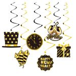 Silvester Spiralgirlanden (6er-Set) - Partydekoration - Happy New Year - schwarz/gold