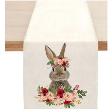 Tischläufer für Ostern (180x33 cm) - Tischtuch aus Leinen - Rabbit Series - Hase mit Blumenkranz