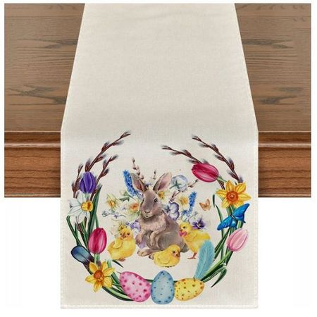 Tischläufer für Ostern (180x33 cm) - Tischtuch aus Leinen - Rabbit Series - Hase und Küken