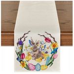 Tischläufer für Ostern (200x33 cm) - Tischtuch aus Leinen - Rabbit Series - Hase und Küken