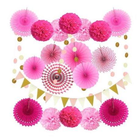 Papier Rosetten und Pom Pom's Party Set (20-tlg. Set) - Partydekoration - Lac Series - pink/rosa