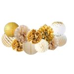 Papier Lampion Party Set (11-tlg. Set) - Lampions und Pom Pom's - Partydekoration - Kader Series - gold/weiss