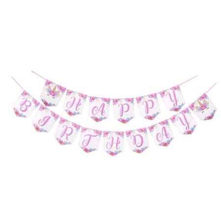 Einhorn Geburtstags Girlande "Happy Birthday" - Kinder Geburtstags Partydekoration - weiss/rosa