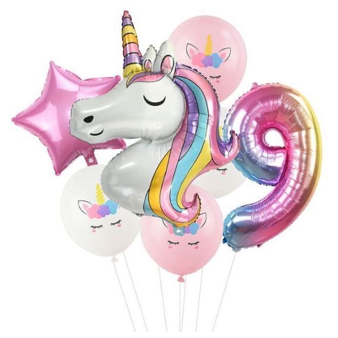 Einhorn Luftballon Set (7-tlg.) - 9. Geburtstag - Partydekoration - Latex und Folien Ballons - Rainbow Series - rosa