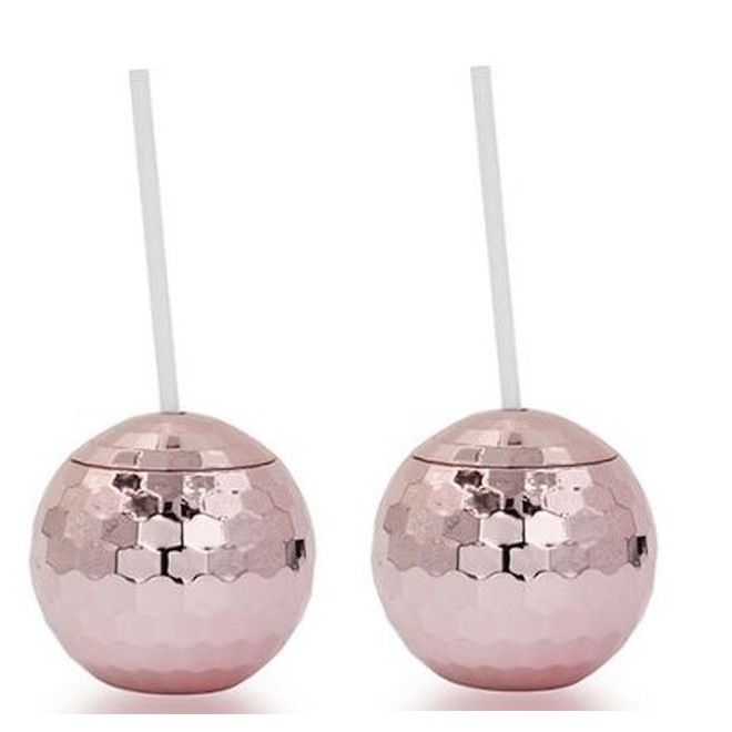 Discokugel Becher mit Strohhalm (2 Stück) - Wiederverwendbar - Party Becher - Disco Series - rosegold