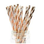 Papier Strohhalme (25 Stk.) - Cocktail Trinkhalme - Party Getränke Deko - Stripe Series - rosegold/weiss