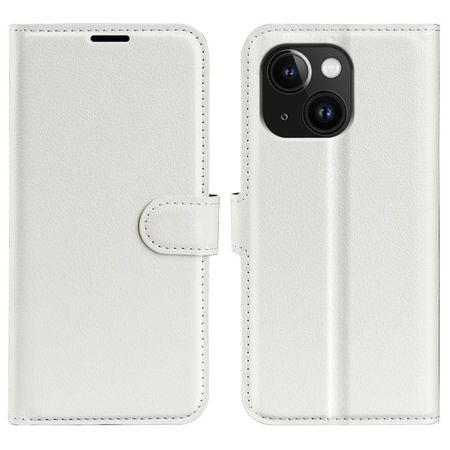 iPhone 15 Plus Handy Hülle - Litchi Leder Bookcover Series - weiss