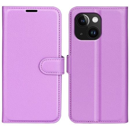 iPhone 15 Plus Handy Hülle - Litchi Leder Bookcover Series - purpur